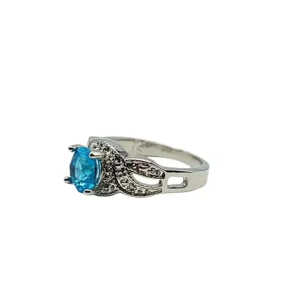 JS Signed Blue Glass Rhinestone Costume Bling Ring Size 6 Silver Tone Plated